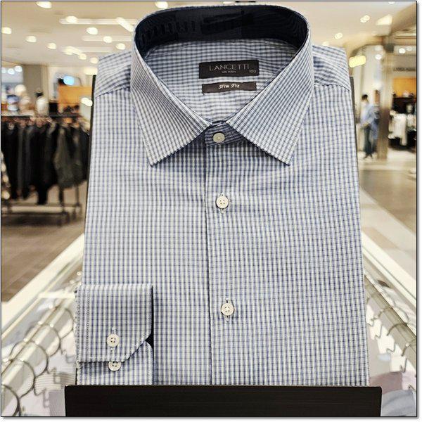 男性ブルーカラー二重チェック柄スリムフィット長袖シャツ LYS6612BL