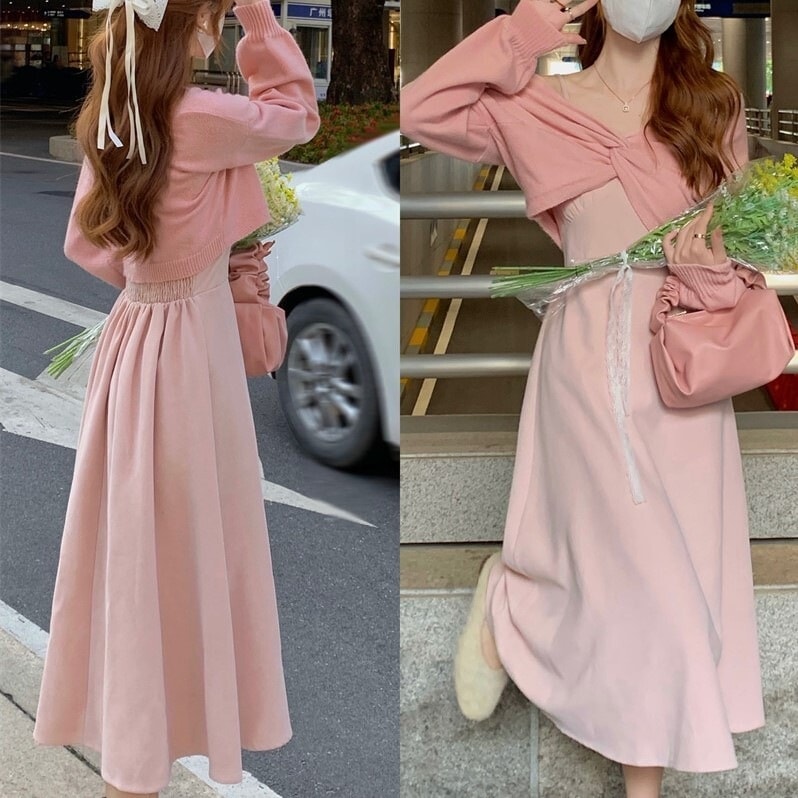 【着用レビュー】トップス ワンピース レディース 韓国 ニット セーター キャミソールワンピース キャミワンピ ロング丈 長袖 Vネック Aライン 切り替え 裾フレア ゆったり かわいい 大人可愛い