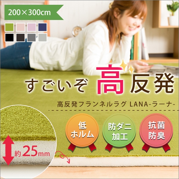 ラグマット ラグ カーペット 高反発 厚さ2cm 防ダニ 抗菌防臭 洗える 300×200cm 3畳 三畳 ウォッシャブル 長方形 フランネルラグ ラーナ