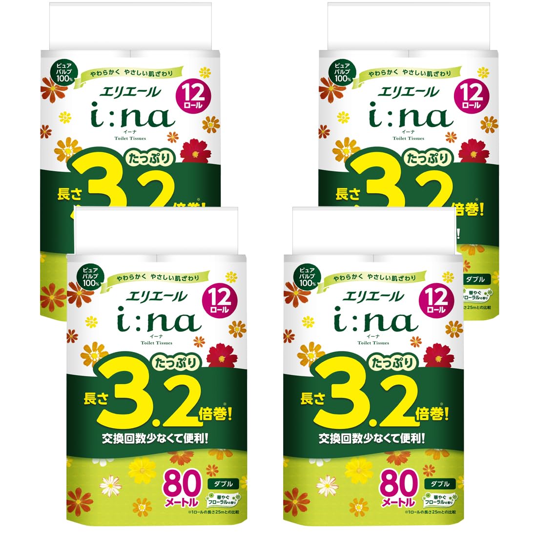 エリエール トイレットペーパー i:na(イーナ) 3.2倍巻 80ｍ×48ロール(12ロール×4パック) ダブル パルプ100% 華やかなフローラルの香り
