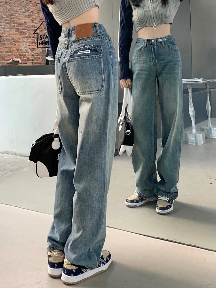 オープン春秋冬秋アメリカンウエストストレートジーンズ女性ストリlートカレッジスタイルハイスリムドラグラインスパイスガールズエクストラロング