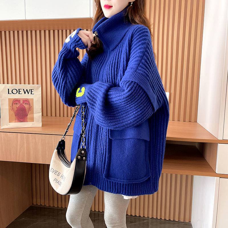 セーター女2022新型秋冬クライン青高襟ファスナーセーターカーディガン女の怠惰な韓国版ニット 想像を超えての 78％以上節約