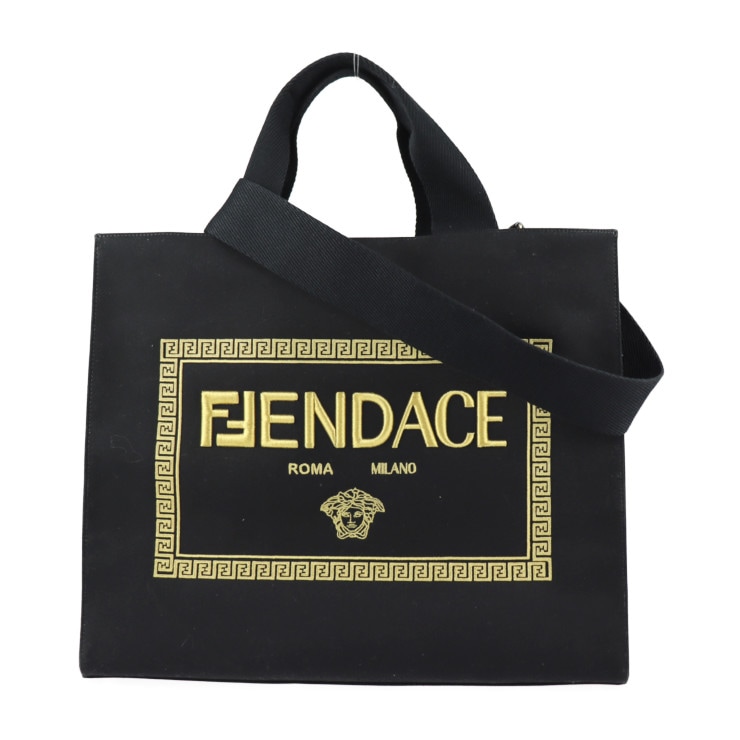 新古未使用展示品 FENDI フェンディ トートバッグ 7VA558 キャンバス ブラック ゴールド ヴェルサーチ コラボ 2WAY ショルダーバッグ 本物保証 中古 234,600円