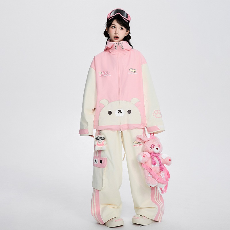 かわいいクマちゃん スノーボードウェア 2025 2026 ピンク クリームベージュ スノパンツ レディース スキーウェア スノボウェア コート スキー
