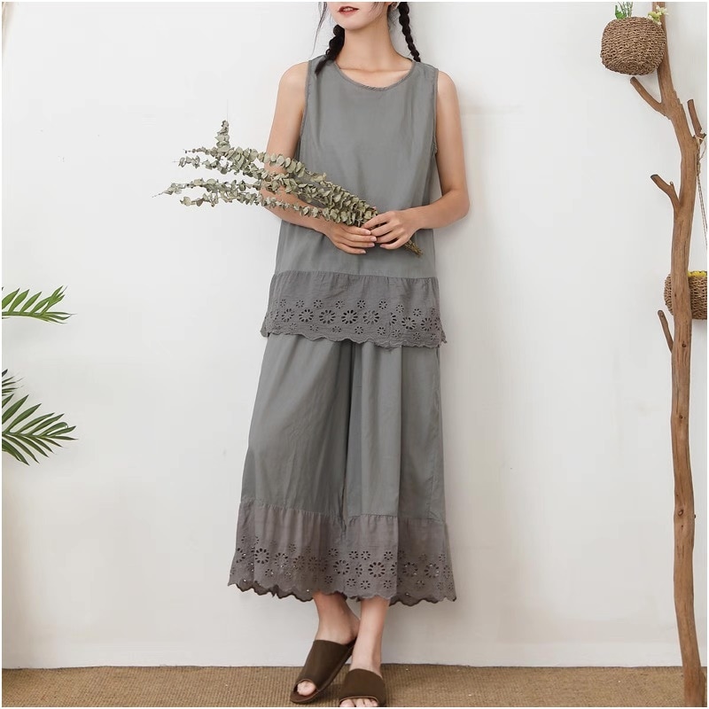 レディース パンツ ボトムス 部屋着 ストレートパンツ アンクル丈 フェミニン レース ハイウエスト ウエストゴム ヴィンテージ リネン 綿 コットン 麻 かわいい 大人可愛い きれいめ シンプル 5,095円