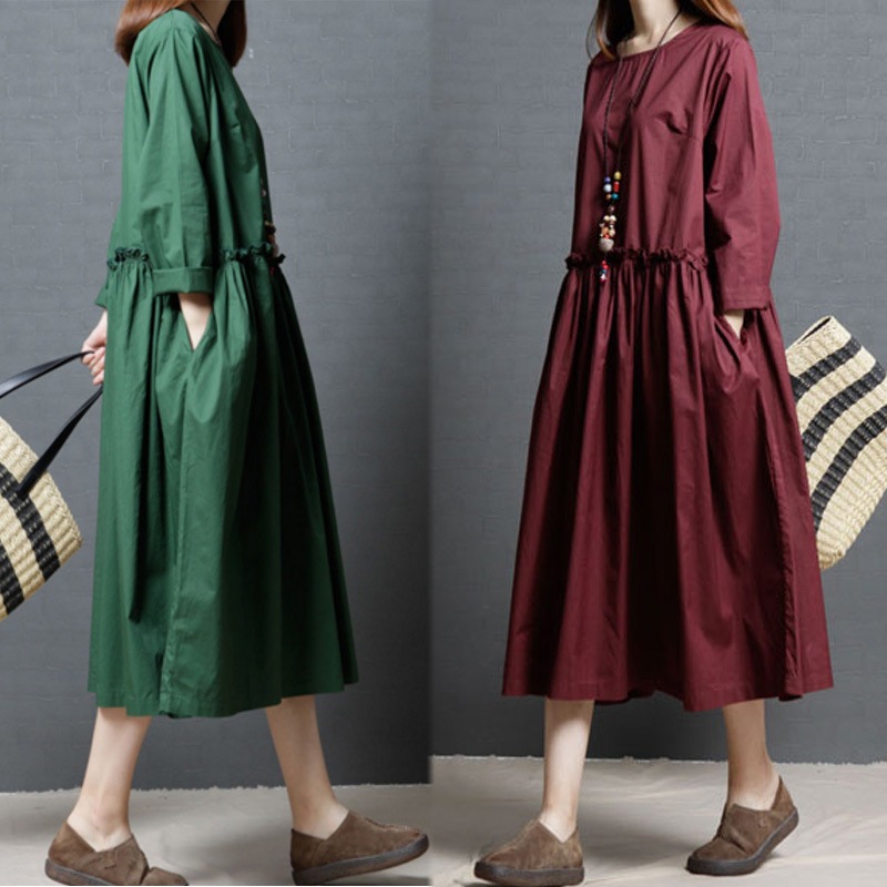 ワンピース フレアワンピース 光沢感 ラウンドネック 長袖 ゆったり ウエスト切替 フリル ウエストギャザー ポケット付き 体型カバー ミモレ丈 フレア Aライン シンプル レトロ シック