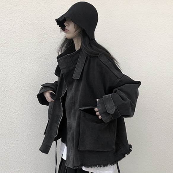 アウター デニム ジャケット オーバーサイズ クール ダメージ ポケット かっこいい メンズライク レディース ユニセックス 長袖 個性的 秋 冬 春 前開き М L シンプル カジュアル ラフ 大き