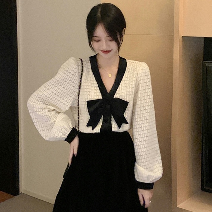 デザイントップス トップス シャツ ブラウス ショート ショート丈 長袖 ボリューム袖 Vネック