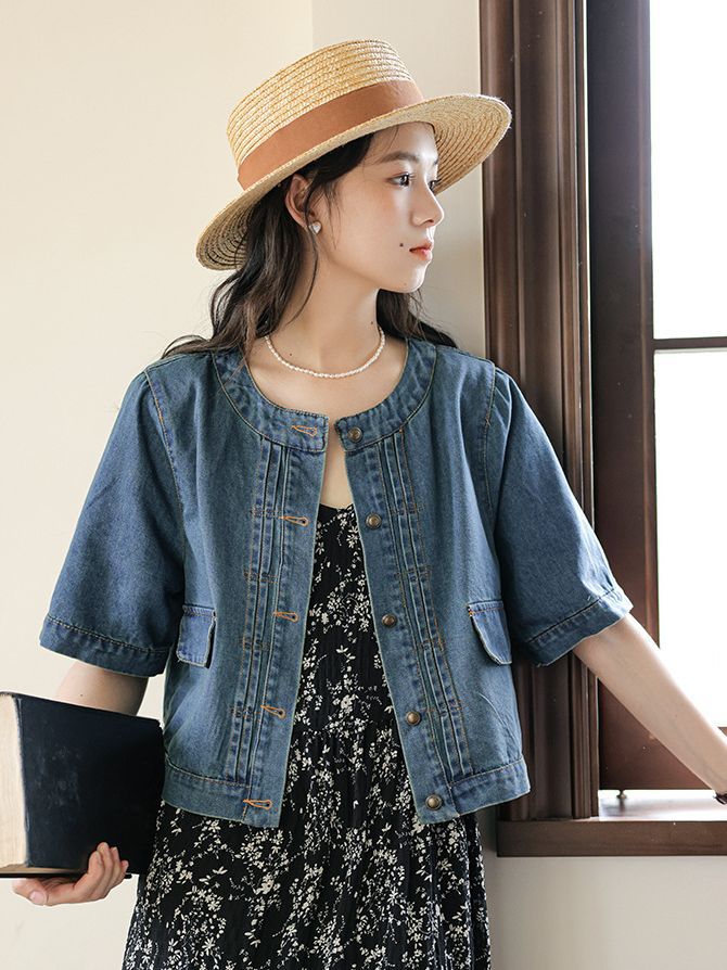 夏の韓国風ルーズラウンドネック気質スリムで多用途な半袖デニムジャケットトップス小柄な人向け