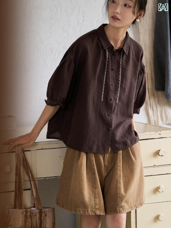 レディース　　シャツ　トップス TIONGTIONG 文学的な コットンと リネンの 刺繍が 施 夏の レディース 半袖 シャツ スリム トップス