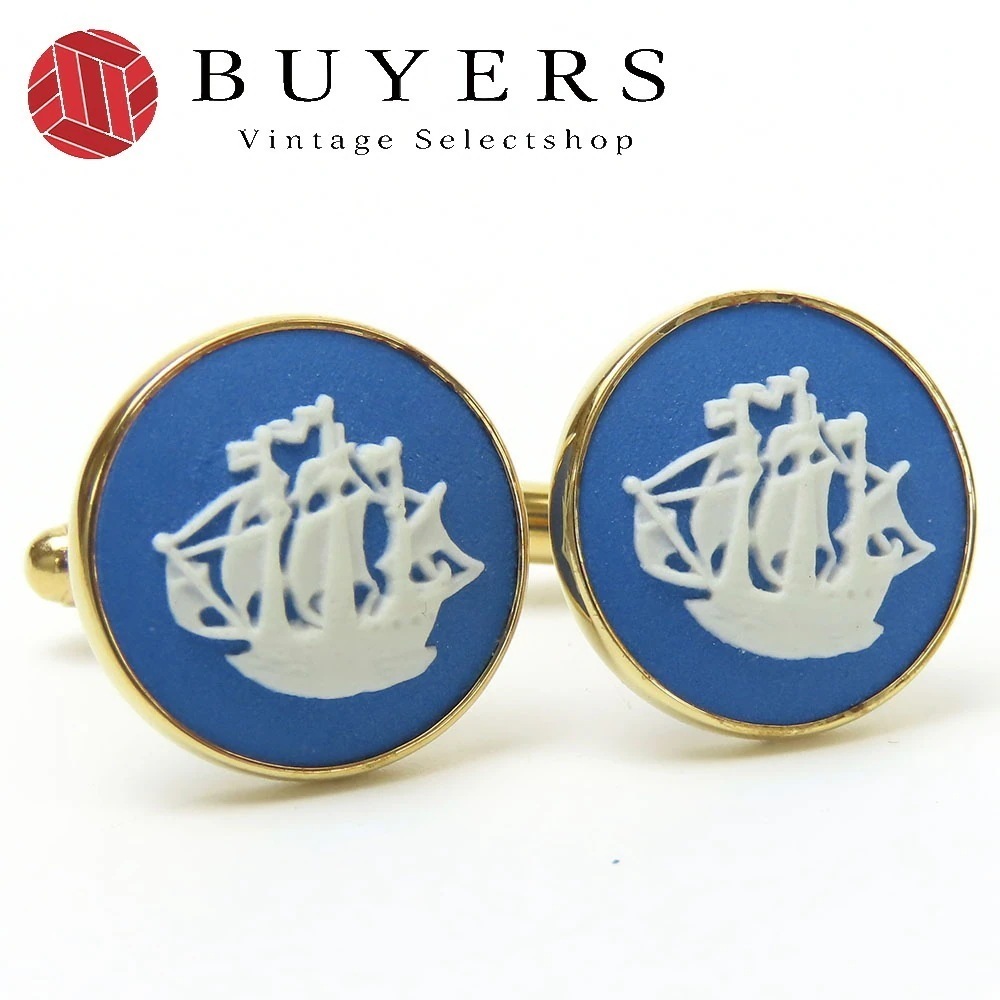 中古 カフス 帆船 メタル ゴールド ブルー メッキ スーツ アクセサリー メンズ 男性