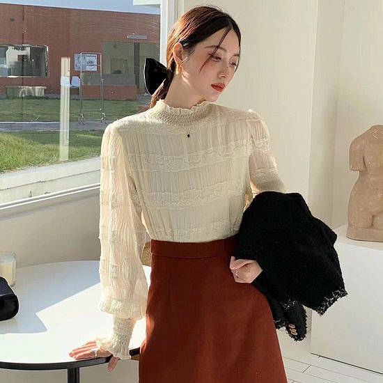 ブラウス レディース 長袖 フリルブラウス ブラウス トップス ネックフリル 白フリル 長袖ブラウス 新作 春 白 オフィス パフスリーブ 立ち襟 フリル襟 ハイネック フリルネックブラウス 可愛い