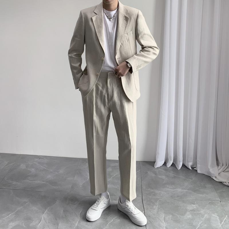 メンズ スーツ 上下 セットアップ 春夏 薄手 カジュアル ベージュ リネン 韓国 スリム コットン 2点 セット