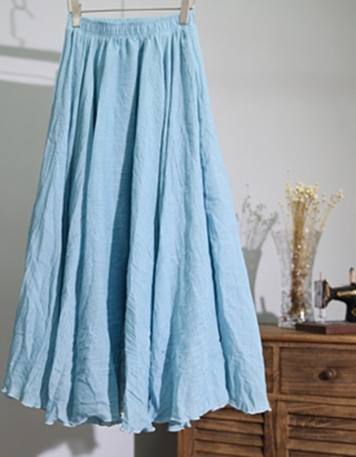 3274．リネン風フレアロングきれいめボトムス(スカイブルー) 2019 春夏 ナチュラル 大人カジュアル ロング丈 お出かけ お呼ばれ ご挨拶 記念日