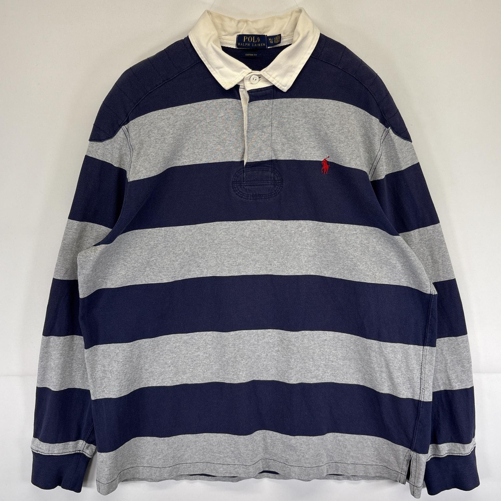 古着 長袖 ラガーシャツ ボーダー ワンポイントロゴ 大きいサイズ XL グレー メンズ