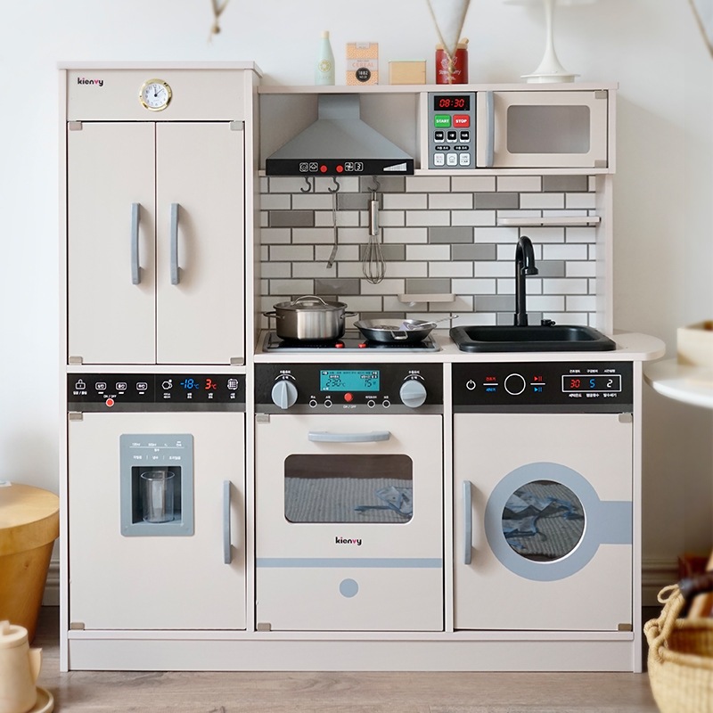韓国クリームスタイル木製子供用キッチンおもちゃシミュレートされた冷蔵庫の家庭料理の調理器具水幼稚園