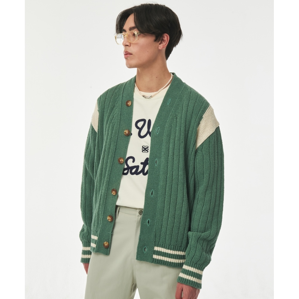 SATUR ファロバーシティオーバーサイズブークルカーディガンセージグリーン
