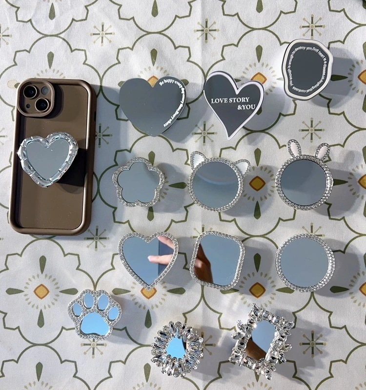 【最安值 3日で配達】バックシールタイプ 収納式卓上ホルダー ダイヤモンドハート入り化粧鏡 スマホスタンド スマホグリップ