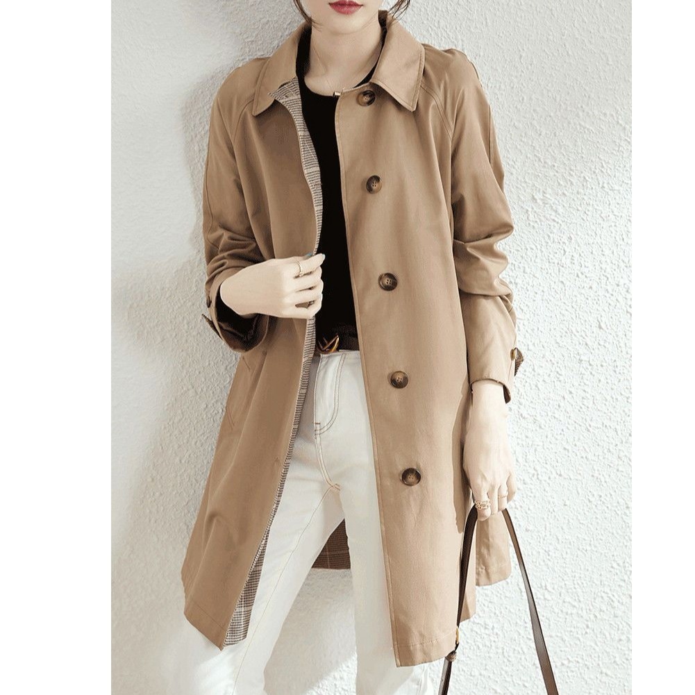 ミドル丈トレンチコート　裏地チェック柄　スプリングコート　Aライン　ステンカラー　レディース　アウター　コート　ジャケット　春　秋　大きいサイズ　3XL　4XL