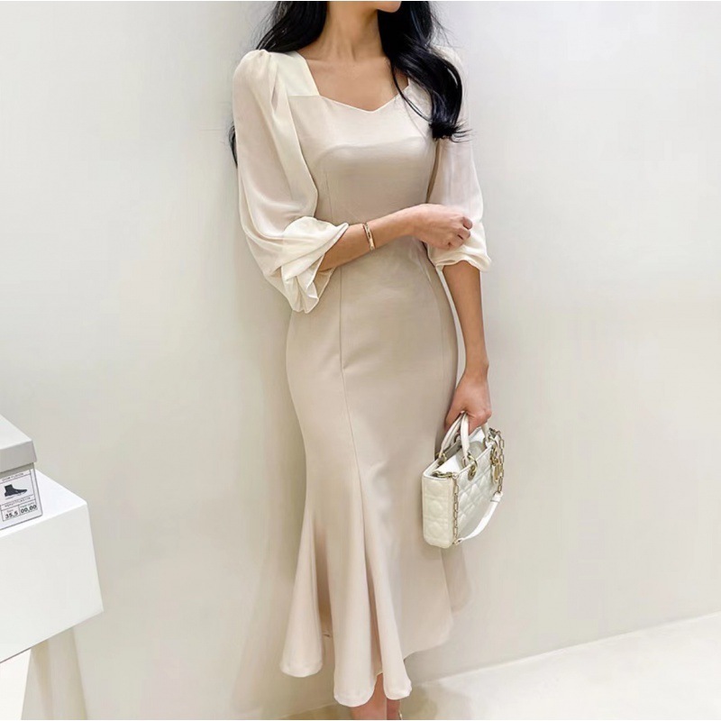 マーメードワンピース シースルー セレモニー パーティドレス バックリボン バックコンシャス きれいめ 韓国 レディース オルチャン バックリボン ミディアム丈 フィッシュテール 大人可愛い