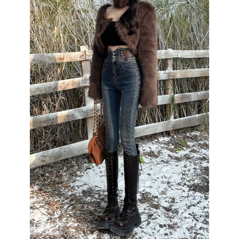 [フリース]メイラードスキニージーンズレディース2025秋冬新作ハイウエスト痩身万能小足ペンシルパンツ