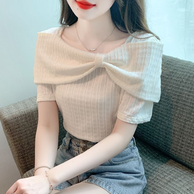 トップス シャツ ニットソー ラウンドネック プルオーバー ニット ちょう結び 薄手 シンプル おしゃれ 大人可愛い 存在感 春 夏 レディース お出かけ 休日 普段使い 送料無料 S M L XL