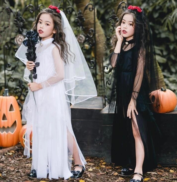 迅速な出荷 ハロウィン コスプレ 子供用 ゴシック＆ロリータ ロング ワンピース 暗黒系 鬼花嫁 悪魔 魔女 吸血鬼 コスチューム 首飾り ロングベール 薔薇髪飾り チュール ロングドレス お姫様系