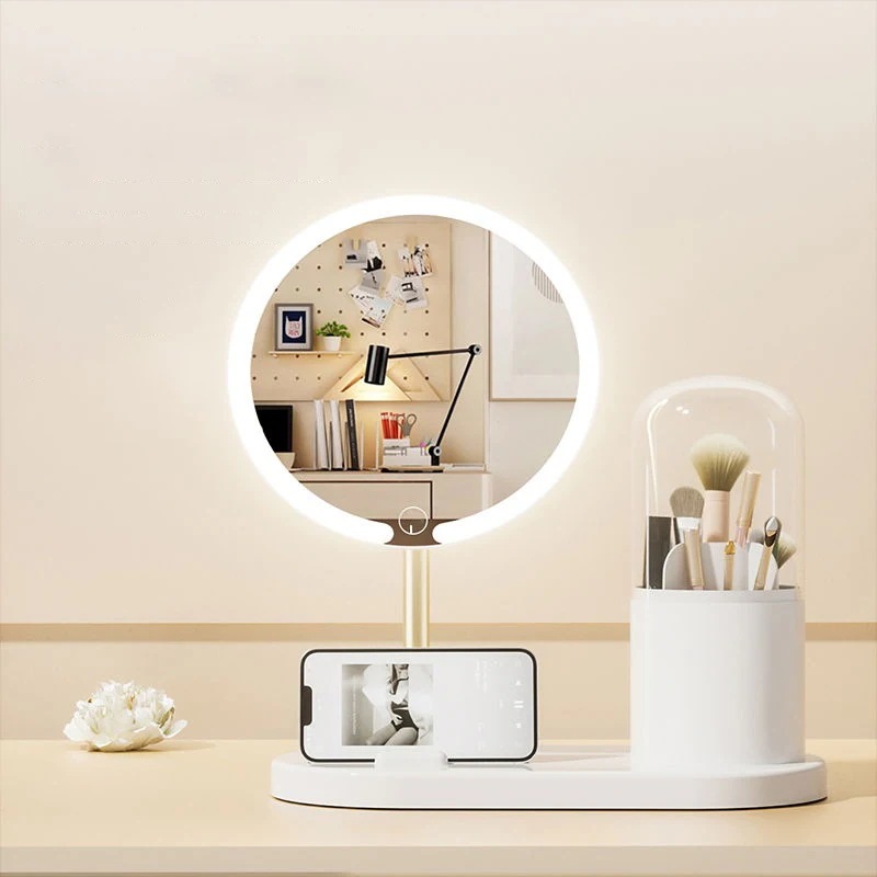 メガ割鏡　化粧鏡　メイクミラー　化粧ミラー　女優ミラー　LED化粧鏡　化粧ブラシ入れ付き　携帯スタンド付き　選べる２色　卓上メイク用品収納　ミラー1096