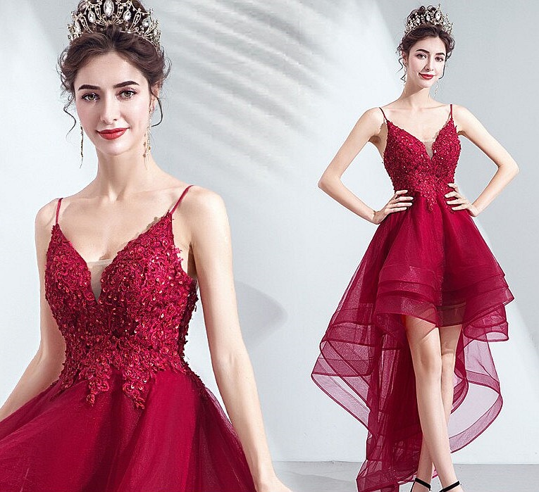 韓国ファッション 二次会 結婚式 パーティードレス Vネックキャミソールドレス前短後長花嫁イブニングドレス ウエディングドレス シンプルワンワードショルダー花嫁ウエディングドレス演奏会