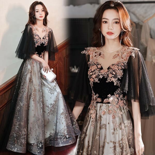 ドレス 大人 ピアノ 発表会 ロングドレス 刺繍ドレス 5分袖 イブニングドレス 演奏会 ピアノ発表会 ワンピース 二次会 女子会 パーティードレス S M L XL 3XL 4XL 黒 2XL