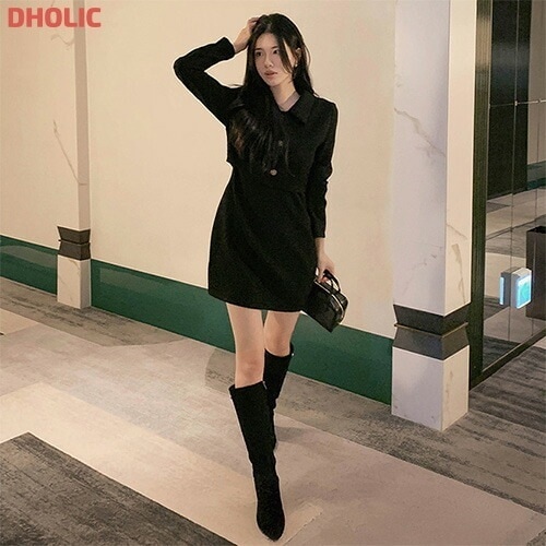 [メガ割りSALE]ツーピース風カラーネックツイードミニワンピース