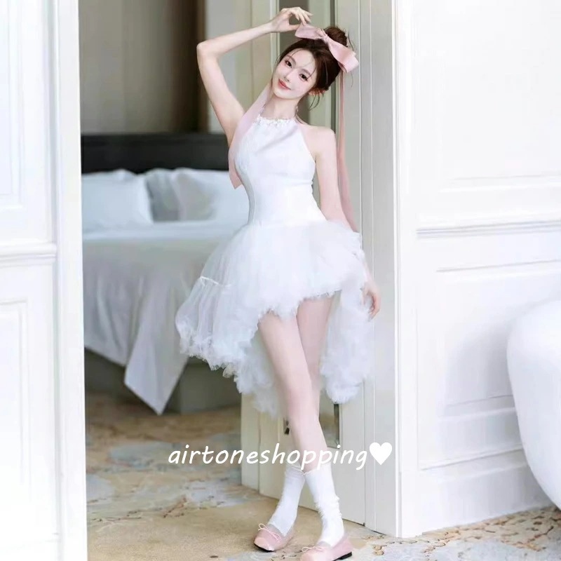 二次会ドレス ウェディングドレス ミニドレス ホルターネック 花柄 フラワー 可愛い 白 結婚式ドレス 二次会 ドレス ショート丈 ウェディング ドレス ノースリーブ ホワイトドレス Aライン 無地