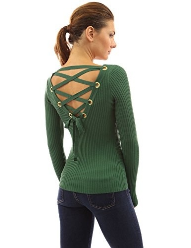 【アウトレット☆送料無料】 Ribbed Womens PattyBoutik Lace XL) Green (Bottle Sweater Sleeve Long Back Up ニット