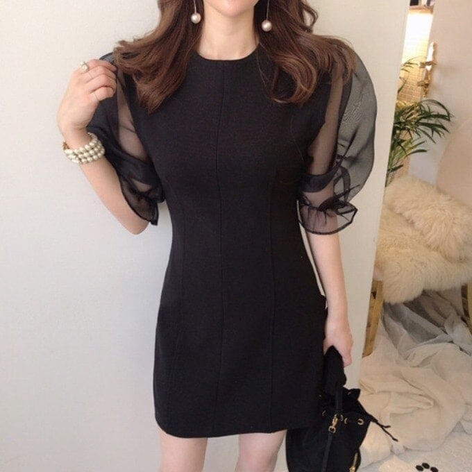 ワンピース ドレス 黒 シースルー バルーン袖 ミニドレス セクシー かわいい ファッション