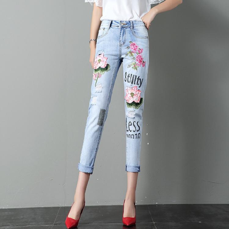 デニムパンツ レディース ジーンズ レトロ カジュアル 大きめサイズ 春夏 花 刺繍 ロゴ ストレート ファッション ダメージ 5,427円