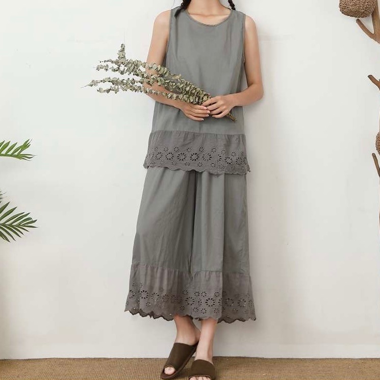 レディース パンツ ボトムス ワイドパンツ ロング レース ハイウエスト ウエストゴム 透け感 コットン かわいい 大人可愛い シンプル カジュアル 上品 おしゃれ レトロ こなれ感 ラフ ガーリー