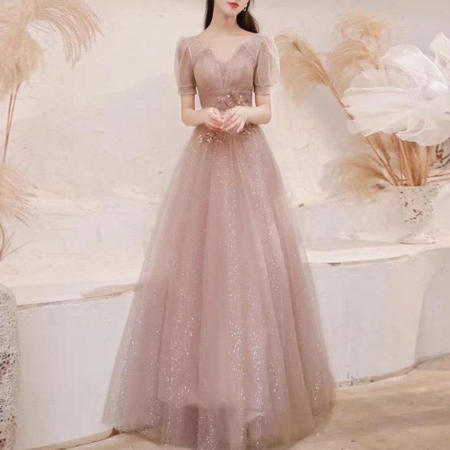 【新作追加 】 スパンコール切り替えパフスリーブAライン セレブリティ 不規則 ラメ入り ハイウエストロングイーブリングドレス