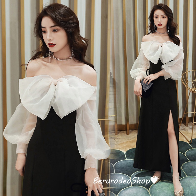 送料無料 イブニングドレス 黒 オフショルダー ロングドレス スリット リボン オシャレ 結婚式ドレス 二次会ドレス ブラック ワイン赤 お呼ばれドレス パーティードレス ロング 発表会ドレス S M