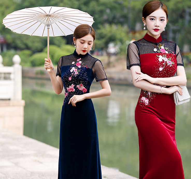 レース チャイナドレス ベロア マキシ丈ドレス 半袖 タイトドレス 刺繍 花柄 スパンコール付き 中華風 花嫁 お呼ばれ 結婚式ドレス 発表会 謝恩会 パーティードレス エレガント チーパオ レトロド