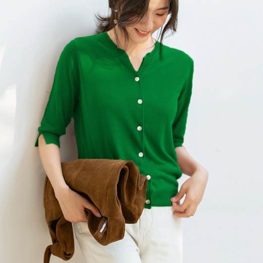 トップス カーディガン 袖付き 5分袖 襟なし 前開き ボタン かわいい 大人可愛い きれいめ シンプル 大人 上品 おしゃれ かっこいい 大人女子 レトロ こなれ感 ラフ キュート メンズライク 個