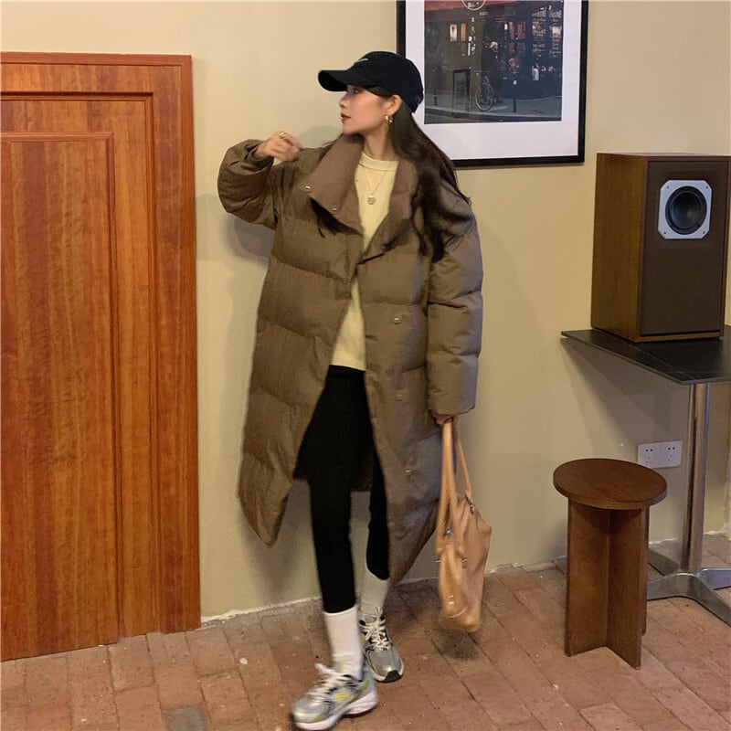 アウター ダウンジャケット スタンドカラー ふわふわ フワフワ ポケット ボタン 前開き ロング