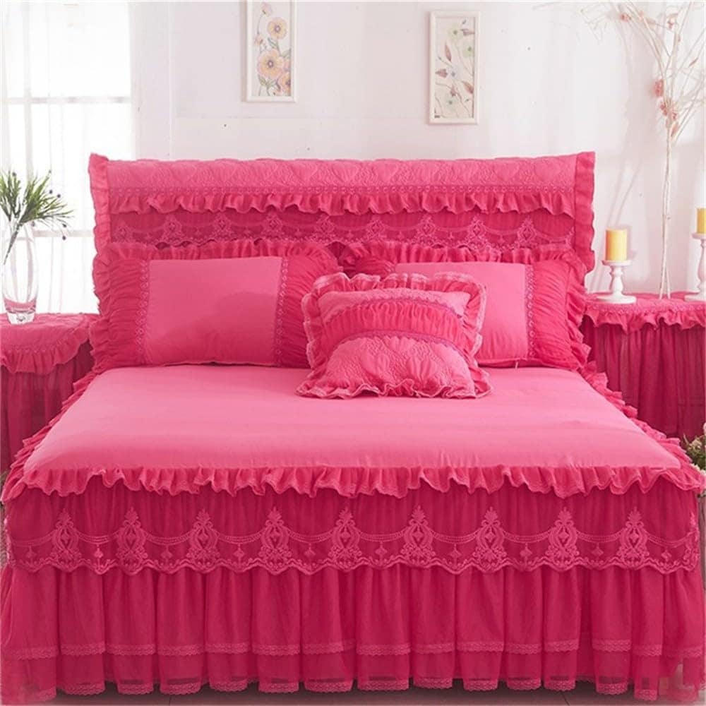 プリンセスベッドスカートセット ベッドスカート 枕カバー 寝具 ベッドスプレッド シーツ ピンク 女の子用寝具 ベッドカバー ローズレッド 150x200cm