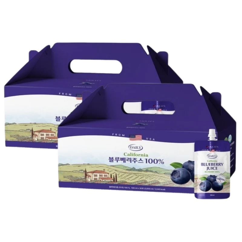 ブルーベリージュース 100ml 30包 2箱 100%ブルーベリー果汁 ベリードリンク 果実ジュース パウチ飲料 韓国ジュース 個包装 大容量 健康ドリンク