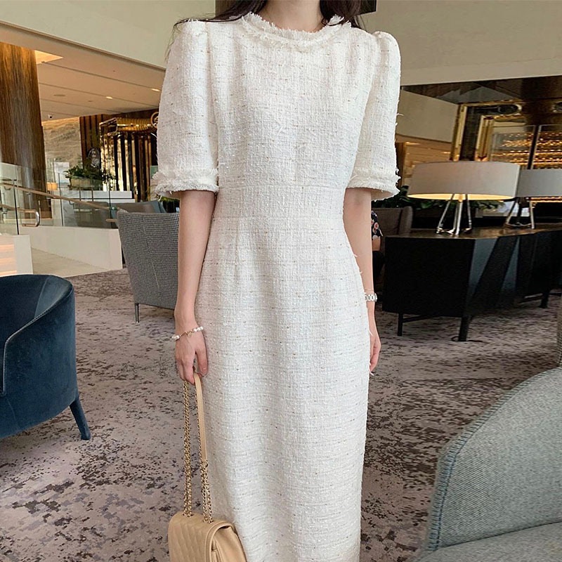 ワンピース ミモレ丈 ロング丈 5分袖 五分袖 クルーネック 襟なし タイト ハイウエスト 大人可愛い きれいめ シンプル カジュアル 大人 上品 おしゃれ お洒落 大人女子 エレガント 主役級