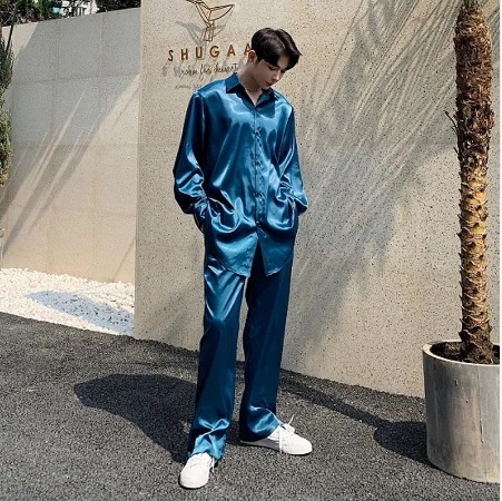 男性薄型サテンスタイル 2 個セット長袖ゆるいカジュアルなブルーシャツ男性ストリートヒップホップパーティードレスシャツパンツ478