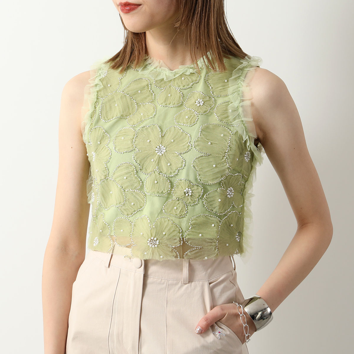 Sister Jane シスタージェーン トップス Harmony Tulle Top TOD094 レディース ノースリーブ ブラウス 花柄 フラワー ビーズ チュール Pickle-Green