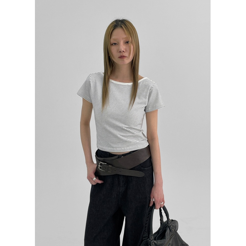 ブラックアップ [MADE] ストライプバックレス半袖Tシャツ（キャップ付き）