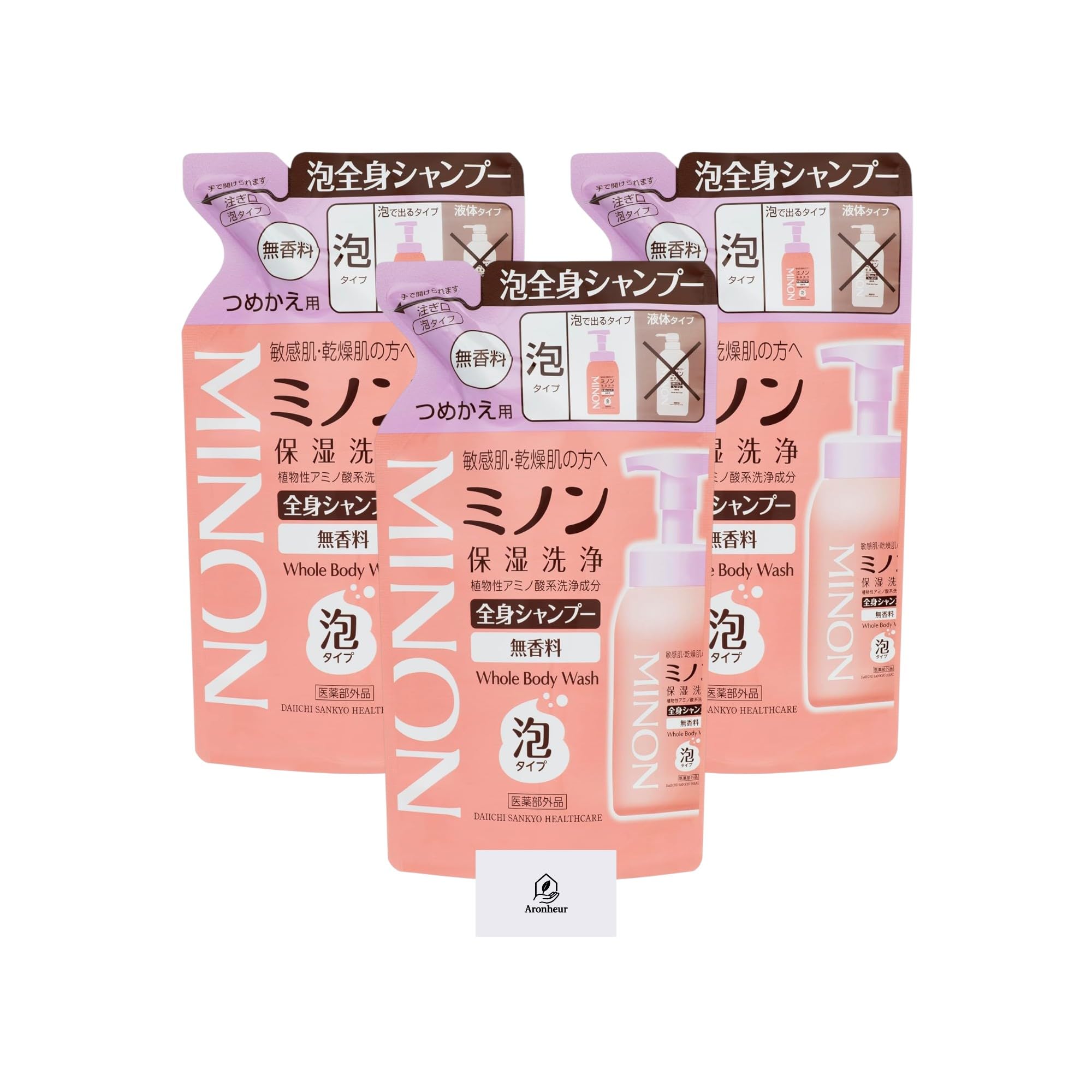 ミノン 全身シャンプー 泡タイプ 詰め替え 400ml 3個セット 無香料 ボディソープ 敏感肌 乾燥肌 肌あれ防止 低刺激性 弱酸性 [医薬部外品] Aronheurオリジナルマスクケース付き