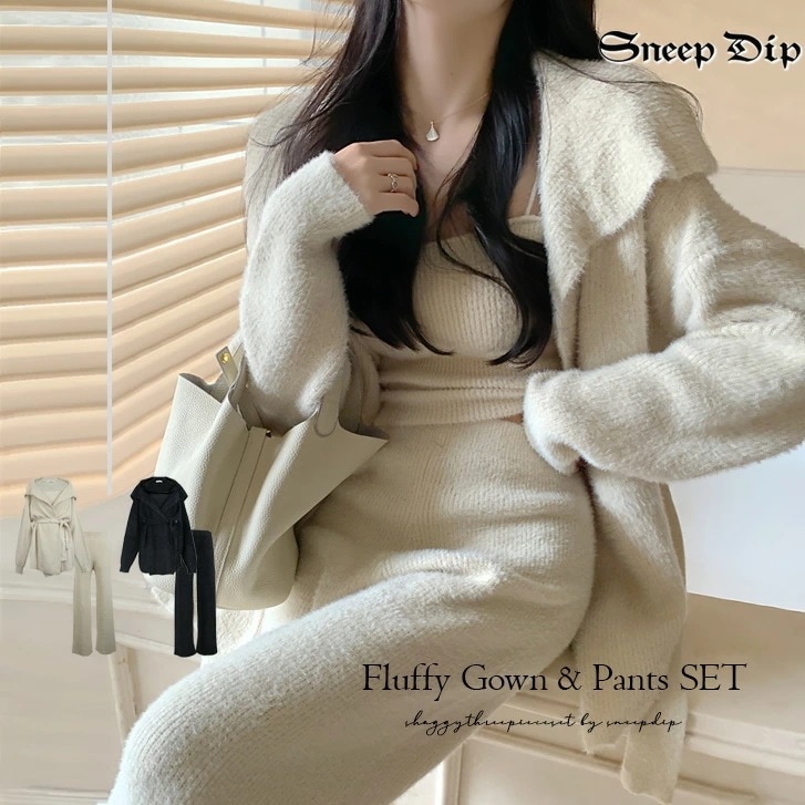 ふわふわニット3点SET 無地 ニットセット パンツセット カーディガン カーデ 柔らか 長袖 秋冬 かわいい SET 上下 セットアップ セット商品 ロングパンツ ニット ウエストゴム 3点セット