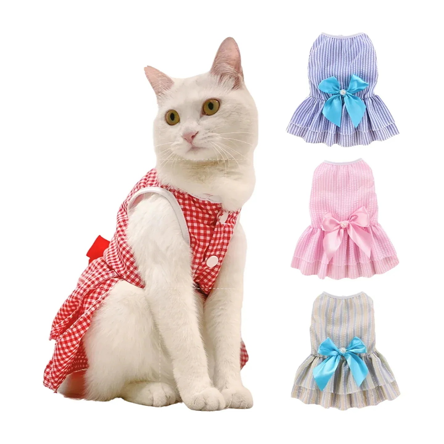 猫のプリンセスドレス ペット服 ストライプのチェック柄 リボン付き 子猫 ウサギ 衣類